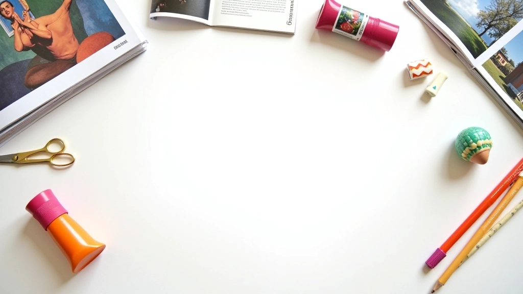 Tavoletta creativa con riviste colorate, forbici, colla e immagini sparse per creare un vision board personale