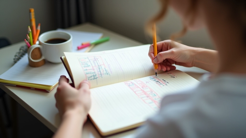 Mano che scrive obiettivi in un diario aperto su una scrivania moderna con caffè e matite colorate