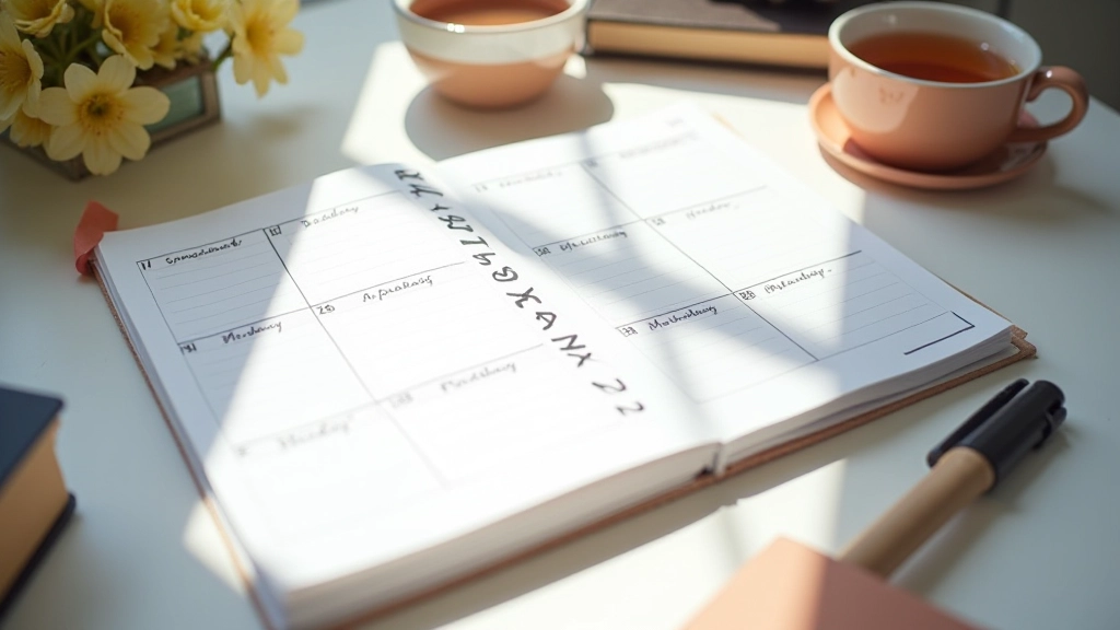 Agenda mensile aperta con date evidenziate e traguardi scritti accanto a una tazza di tè