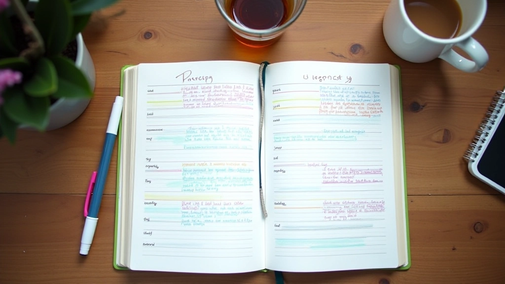 Tavolo con taccuino aperto mostrando traccia di progressi settimanali, evidenziati con pennarelli colorati