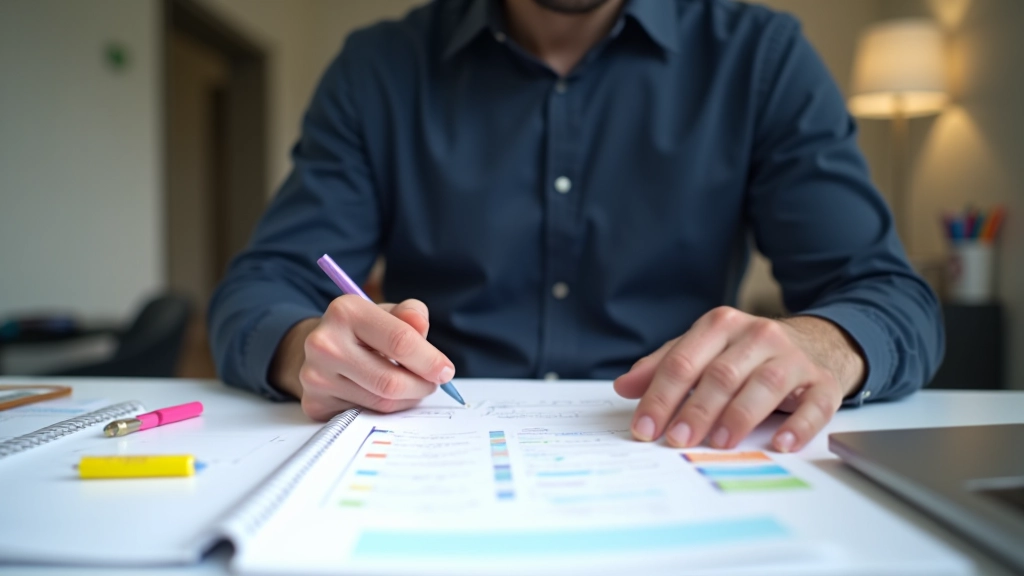 Persona che rivede un planner mensile con annotazioni colorate e check mark su attività completate