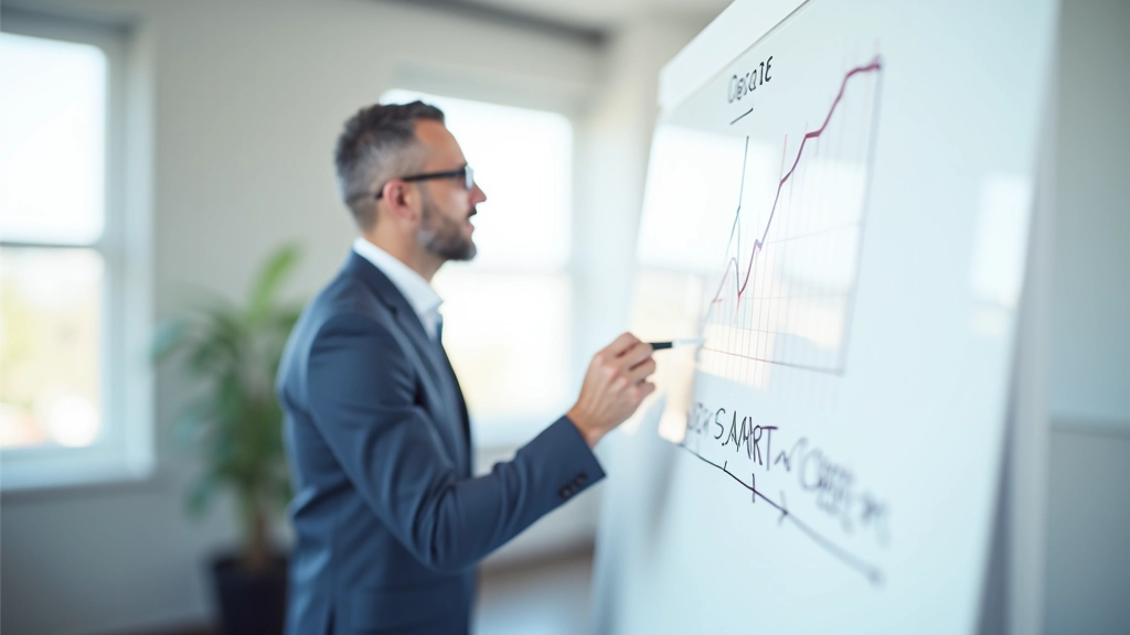 Persona che traccia un grafico di progresso su una lavagna bianca con marcatori colorati, mostrando crescita mensile dei risultati