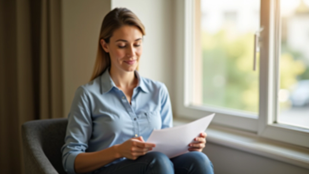 Persona che legge una dichiarazione scritta al mattino seduta accanto a una finestra luminosa, con il vision board visibile in background