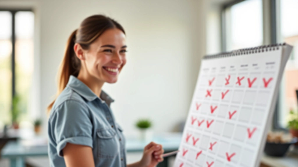 Persona che festeggia un piccolo successo con le braccia alzate di fronte a un calendario con spunte rosse