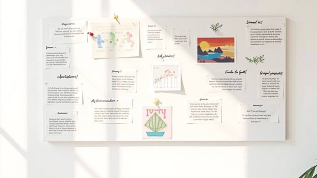 Vision board con immagini, colori e citazioni ispirazionali su parete bianca