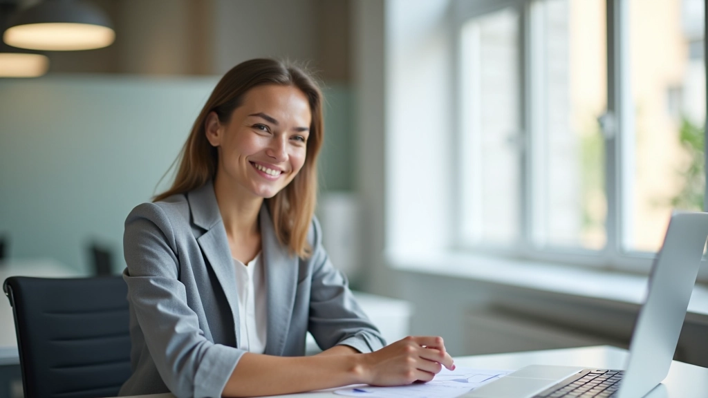 Persona che guarda un grafico con freccia in salita, seduta a una scrivania con taccuino e penna
