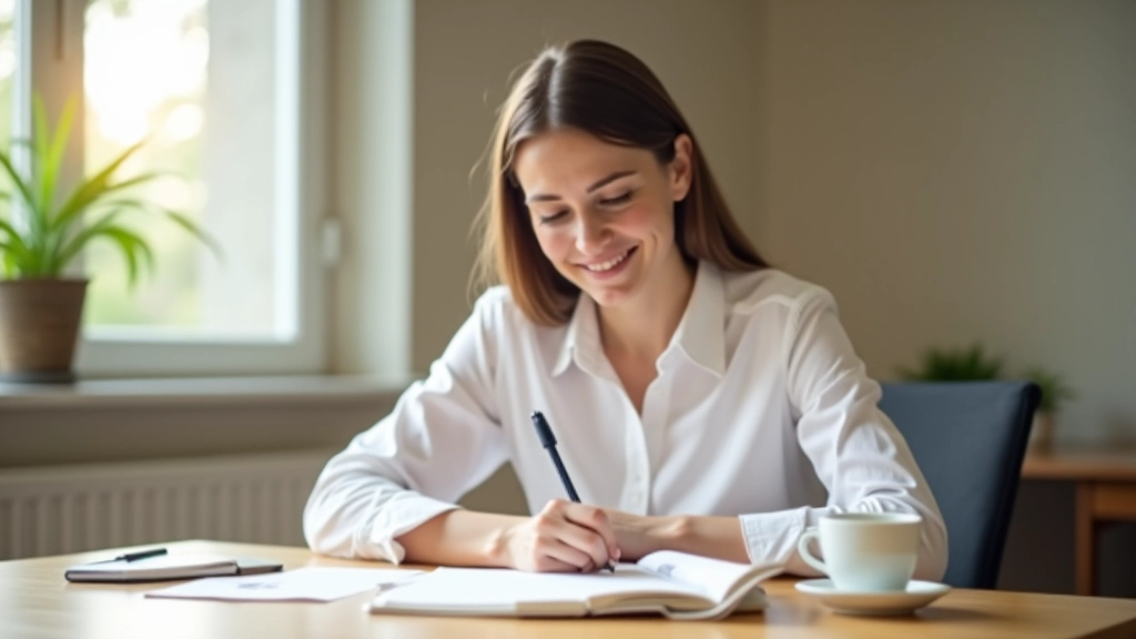 Persona che scrive obiettivi settimanali in un quaderno, con tazza di caffè e calendario sulla scrivania